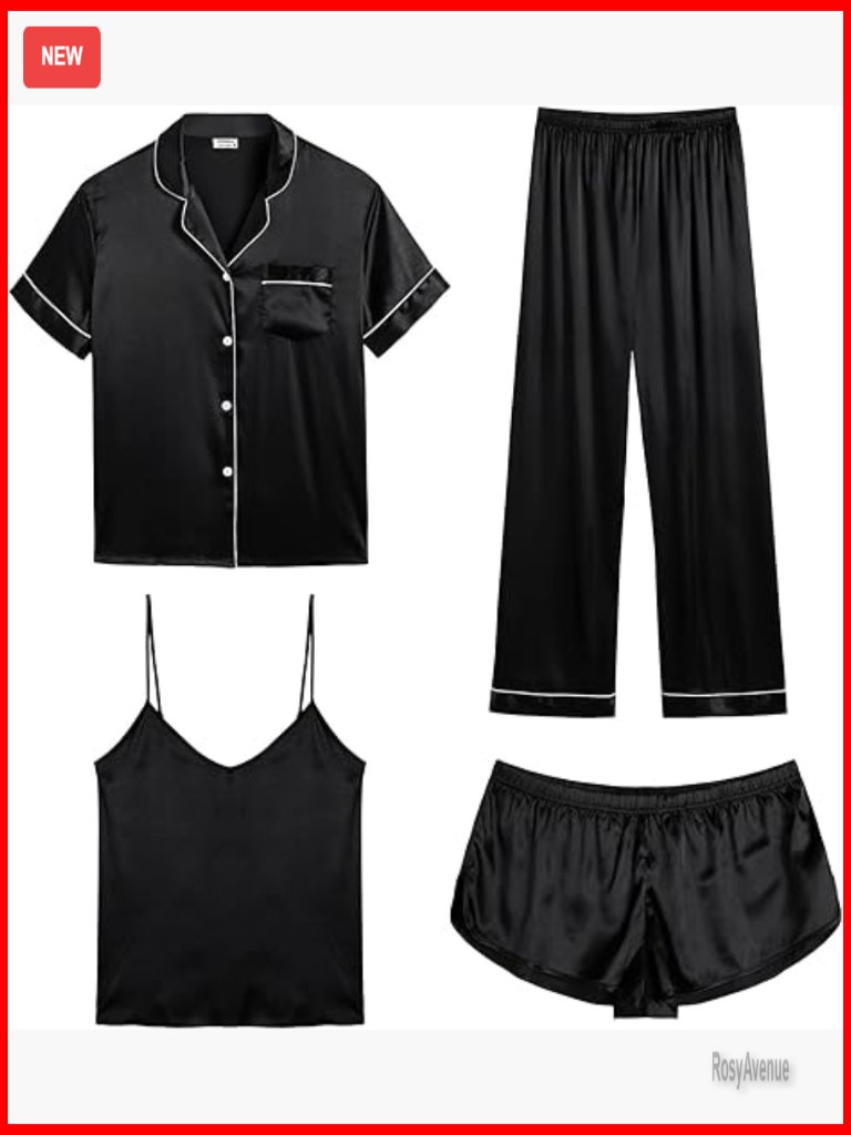 4pcs Silk Satin Pajama Set Cami Shorts Button Down Sleepshirt Pjs